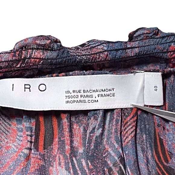 IRO Dress Size 40 (US 8) Abstract Print Red Blue Long Sleeve Ruffle Hem EUC - Picture 3 of 16